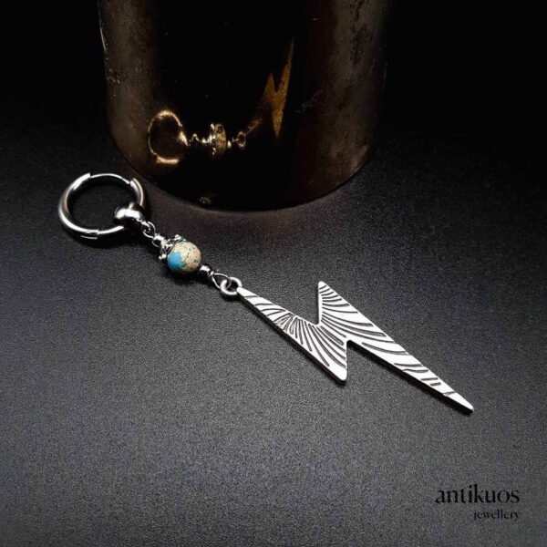 Thunderbolt earring in metal and blue impression Jasper gemstone. With small hoop